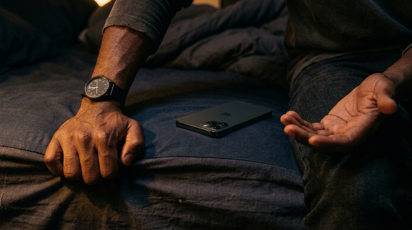 Young man's hands at night - one gripping mattress edge, phone face down