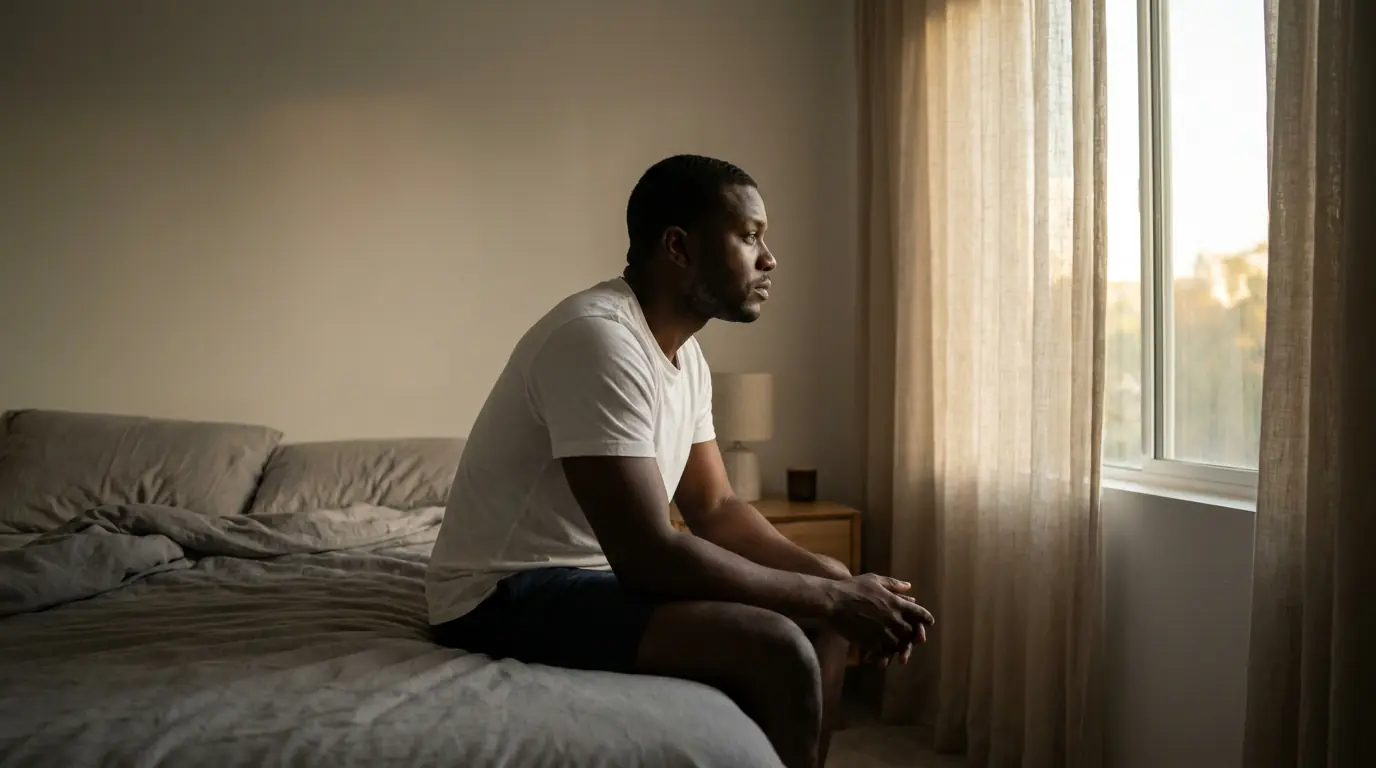 Man sitting at edge of bed, early morning light, thoughtful expression